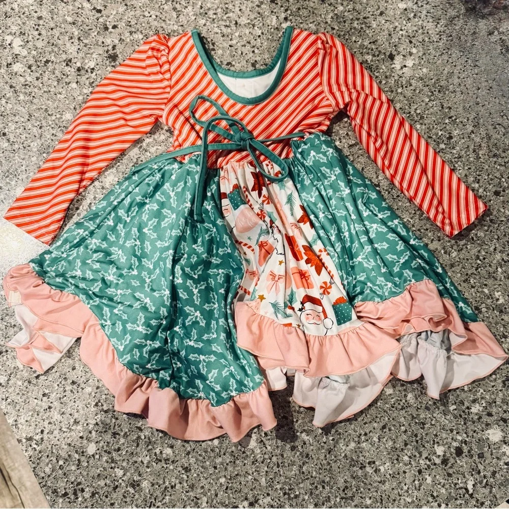 Cheeky Plum Striped and Floral Long Sleeve Santa Dress - Size 4T - EUC ⭐🎄 - Picture 2 of 12